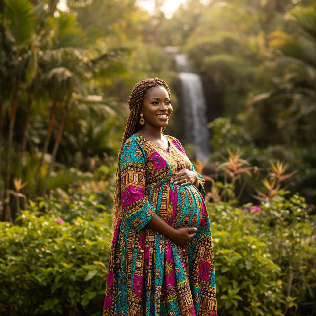 Beautiful pregnant African woman with braided hair wearing a vibrant colorful dress outdoors