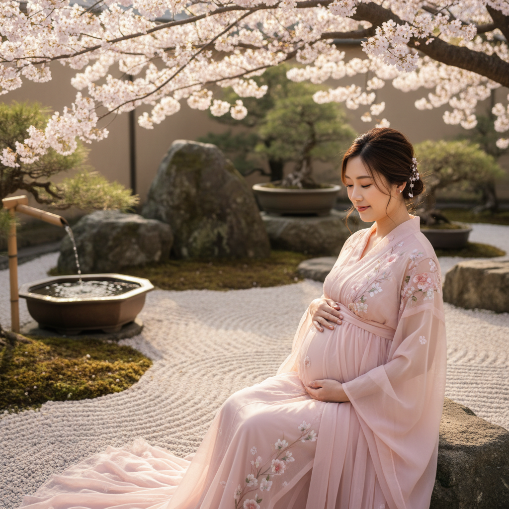 Beautiful pregnant Japanese woman wearing a soft pink maternity dress in a serene garden