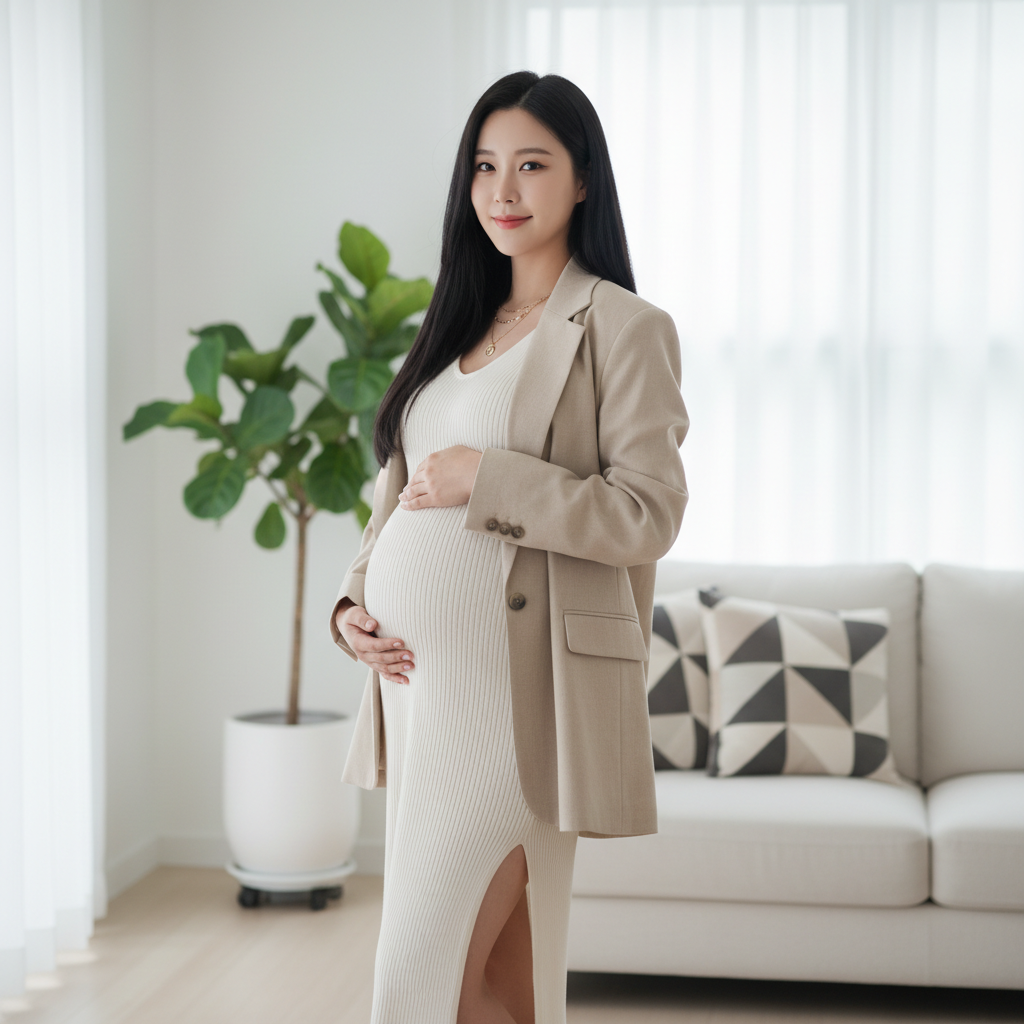 Beautiful pregnant South Korean woman with straight black hair in a bright minimalist apartment