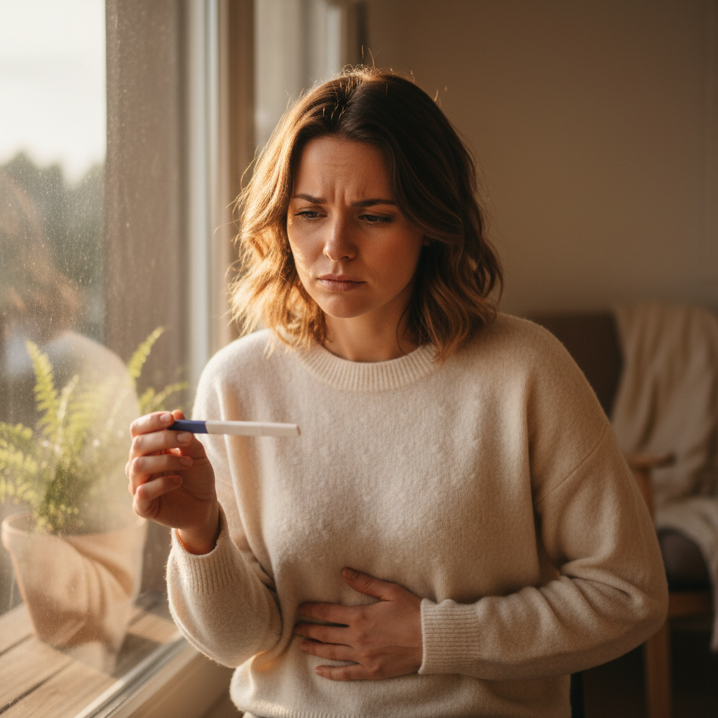 Woman looking thoughtfully at a pregnancy test while gently holding her abdomen near a window