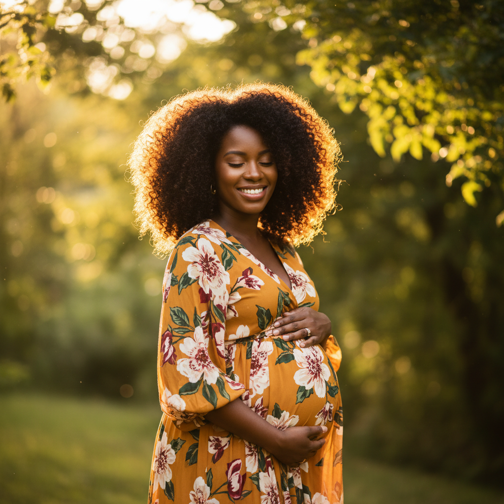 Beautiful pregnant African American woman with natural hair holding her baby bump with a warm smile
